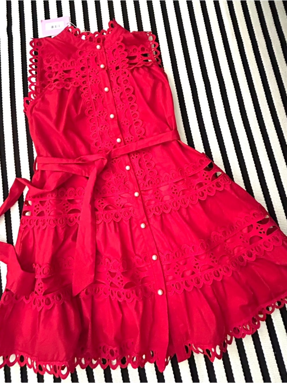 entro Red Eyelet Sleeveless Midi Dress with Tie Waist